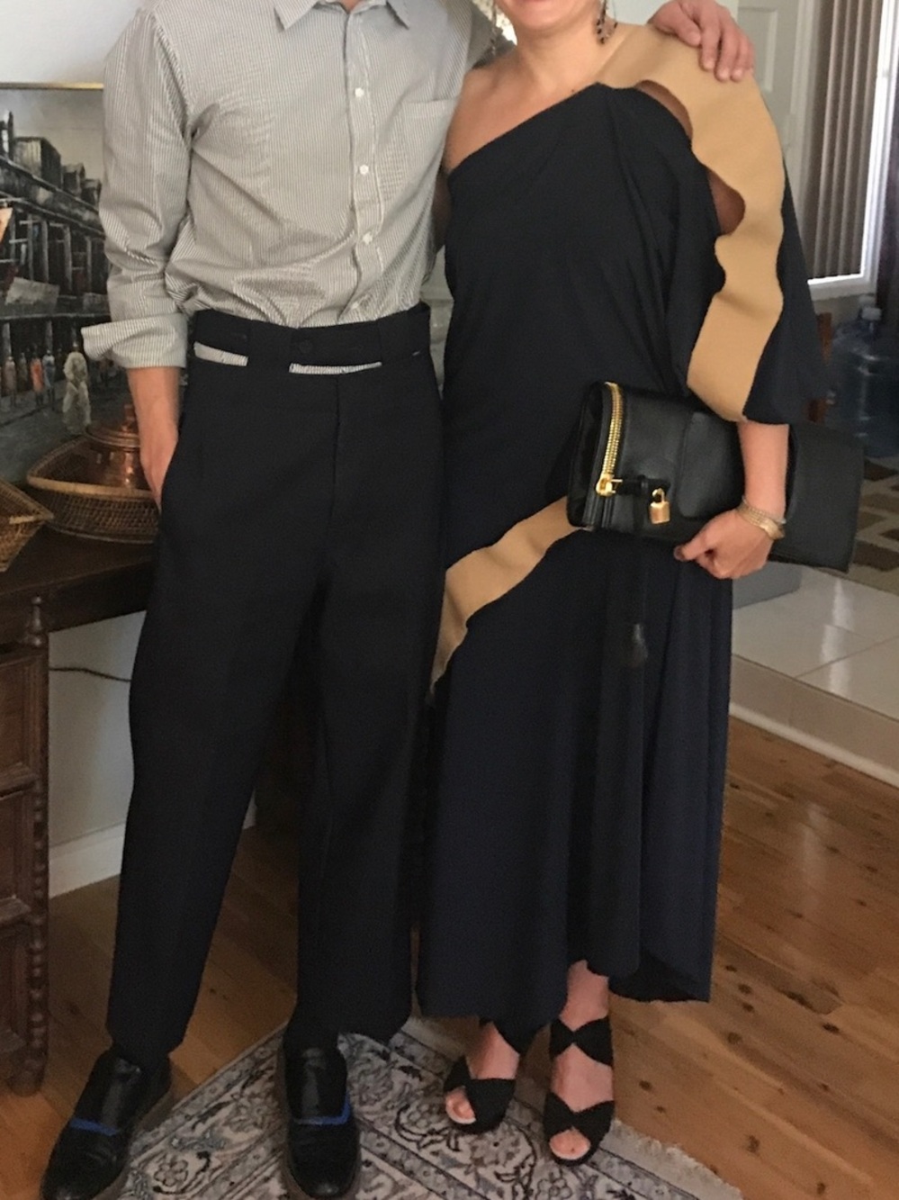 Elegant Asymmetrical Navy and Camel Women’s Dress